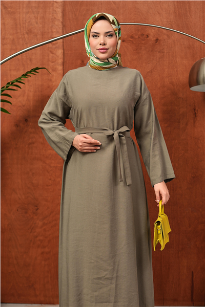 Haki Kuşaklı Oversize Tesettür Elbise