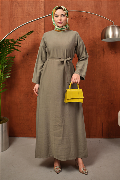 Haki Kuşaklı Oversize Tesettür Elbise