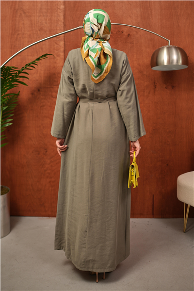 Haki Kuşaklı Oversize Tesettür Elbise