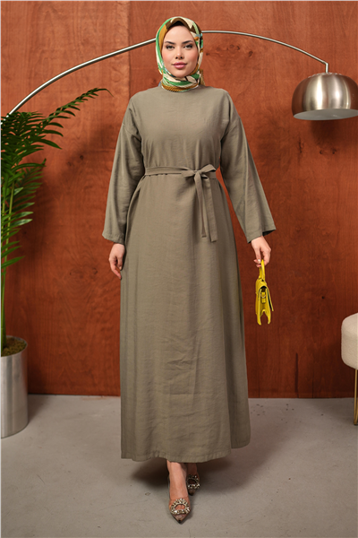 Haki Kuşaklı Oversize Tesettür Elbise