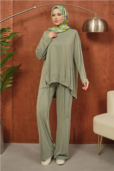 Haki Oversize Büzgülü Tesettür Takım