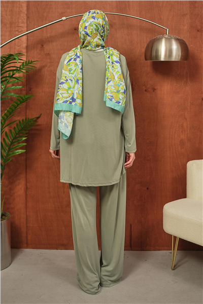 Haki Oversize Büzgülü Tesettür Takım