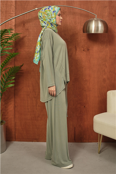 Haki Oversize Büzgülü Tesettür Takım