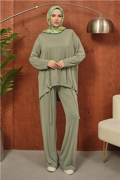 Haki Oversize Büzgülü Tesettür Takım