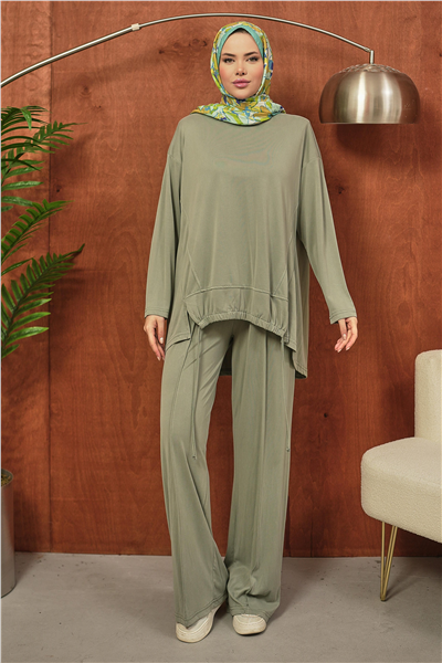 Haki Oversize Büzgülü Tesettür Takım