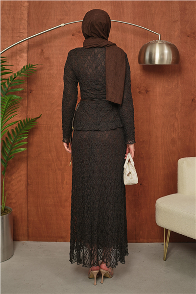Kahverengi Dantel Detaylı Peplum Tesettür Takım