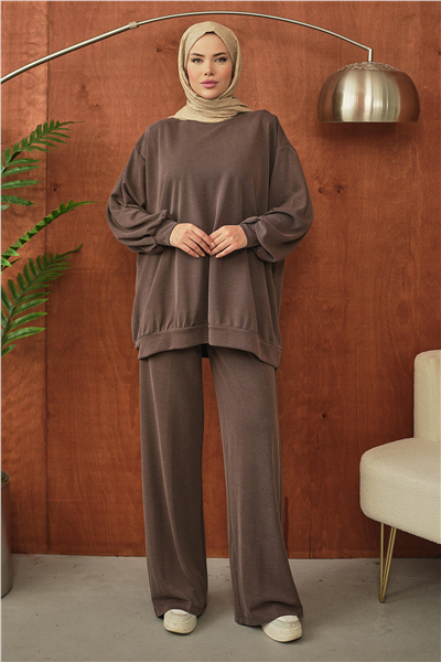 Kahverengi Oversize Rahat Kesim Tesettür Takım