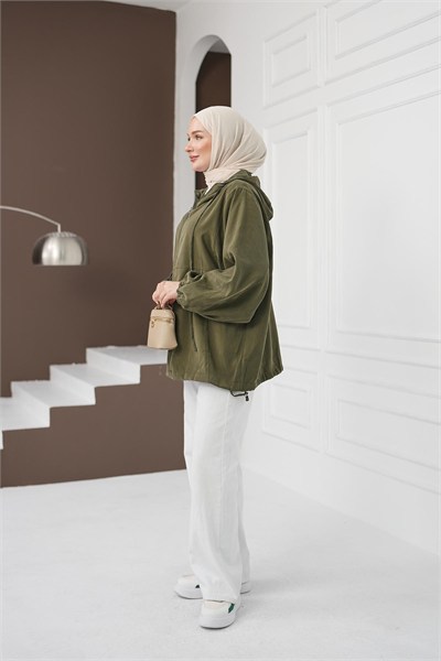 Kapüşonlu Fermuarlı Tencel Ceket - Haki