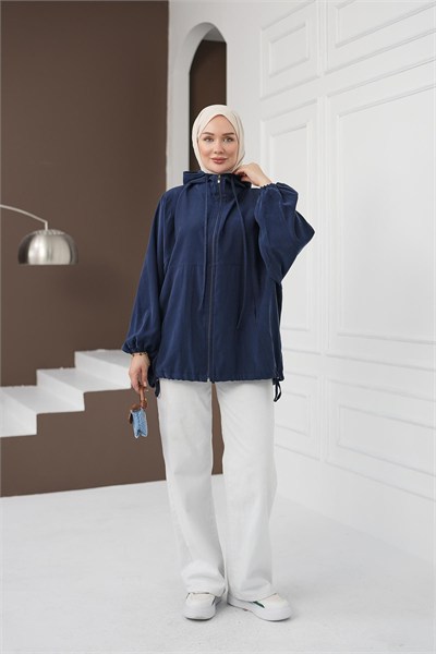 Kapüşonlu Fermuarlı Tencel Ceket - Lacivert