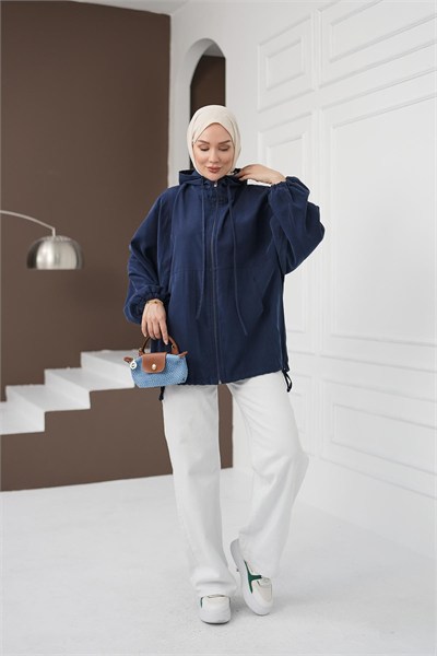 Kapüşonlu Fermuarlı Tencel Ceket - Lacivert