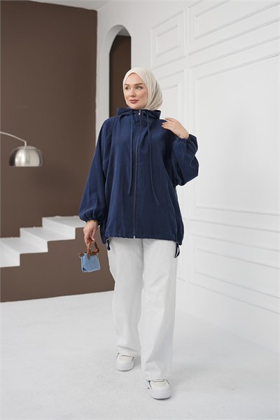 Kapüşonlu Fermuarlı Tencel Ceket - Lacivert