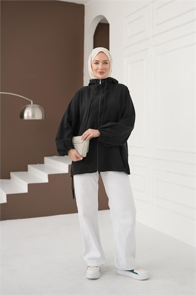 Kapüşonlu Fermuarlı Tencel Ceket - Siyah
