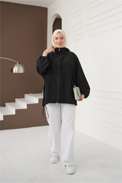 Kapüşonlu Fermuarlı Tencel Ceket - Siyah