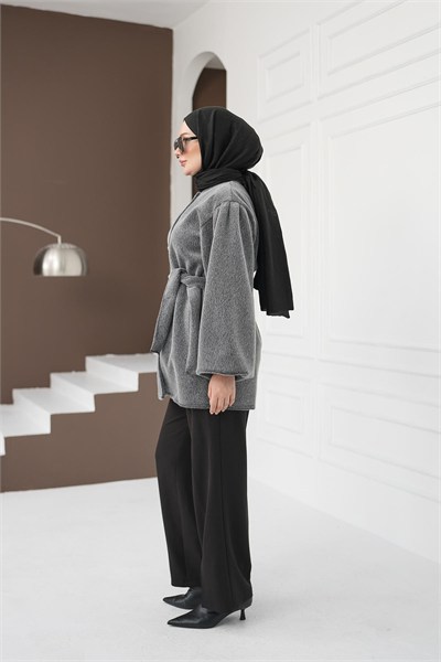 Kemerli Fox Ceket - Gri