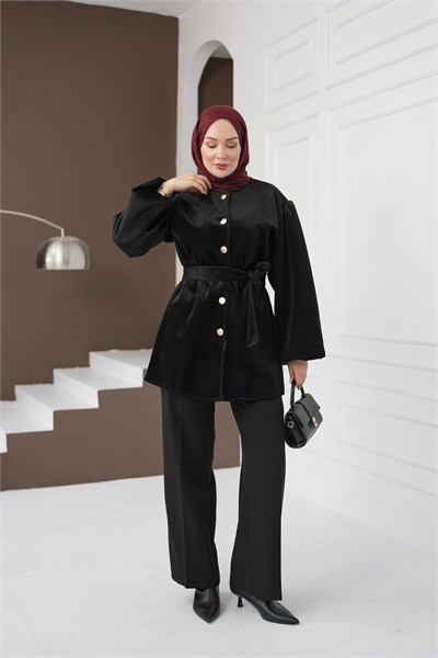 Kemerli Fox Ceket - Siyah