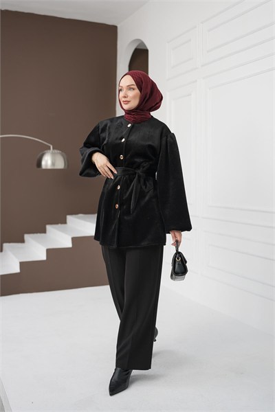 Kemerli Fox Ceket - Siyah