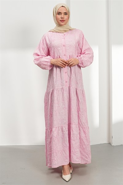 Nakışlı Kat Kat Elbise - Pembe