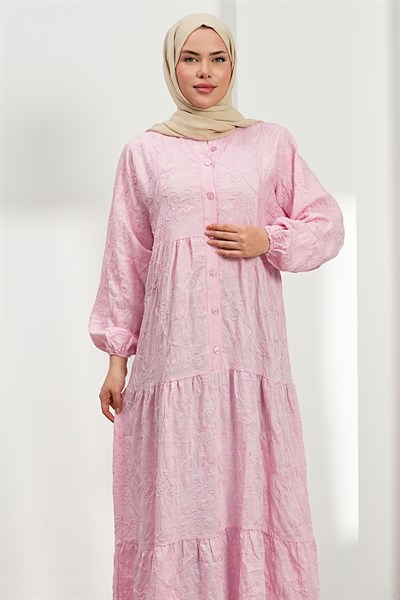 Nakışlı Kat Kat Elbise - Pembe