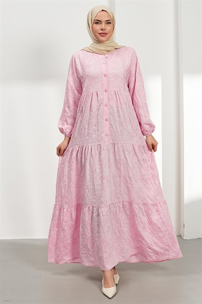 Nakışlı Kat Kat Elbise - Pembe