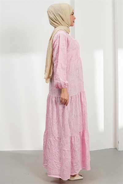 Nakışlı Kat Kat Elbise - Pembe
