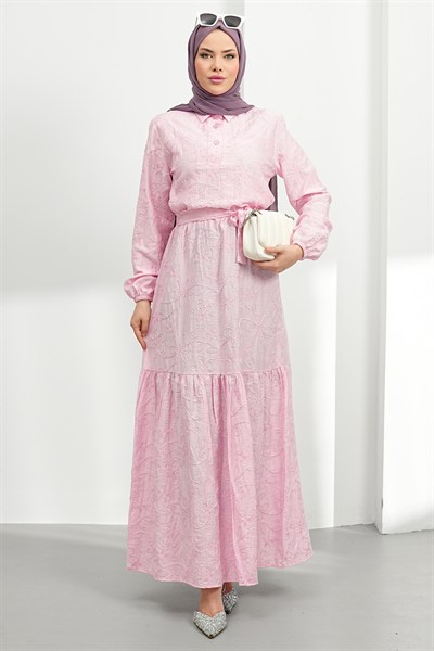 Nakışlı Kemer Detay Elbise - Pembe