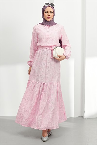 Nakışlı Kemer Detay Elbise - Pembe