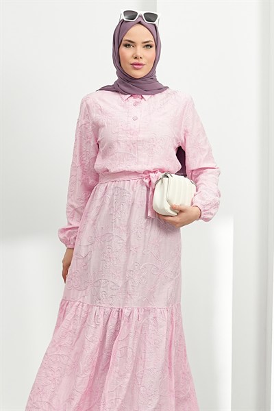 Nakışlı Kemer Detay Elbise - Pembe
