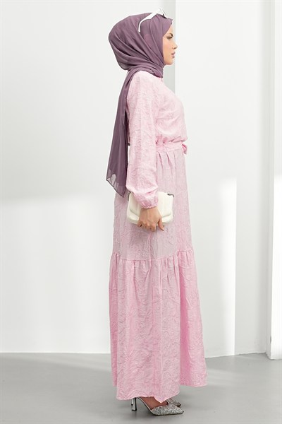 Nakışlı Kemer Detay Elbise - Pembe