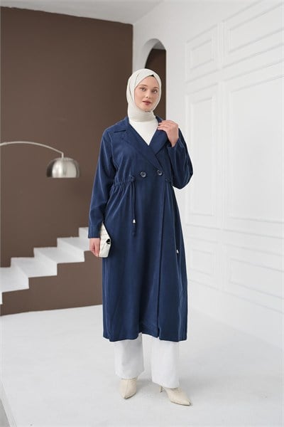 Şal Yaka İpli Tencel Kap - Mavi