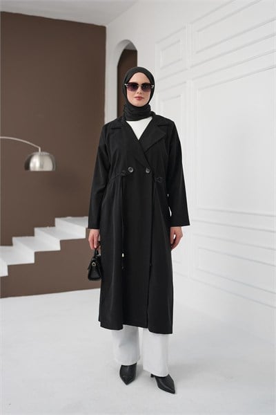 Şal Yaka İpli Tencel Kap - Siyah