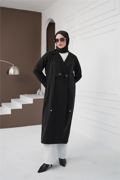Şal Yaka İpli Tencel Kap - Siyah