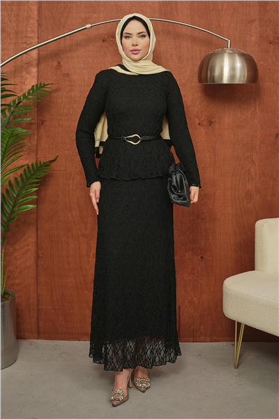 Siyah Dantel Detaylı Peplum Tesettür Takım