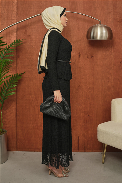 Siyah Dantel Detaylı Peplum Tesettür Takım