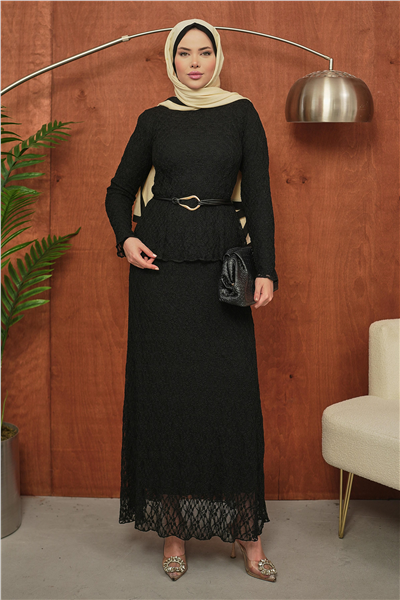 Siyah Dantel Detaylı Peplum Tesettür Takım