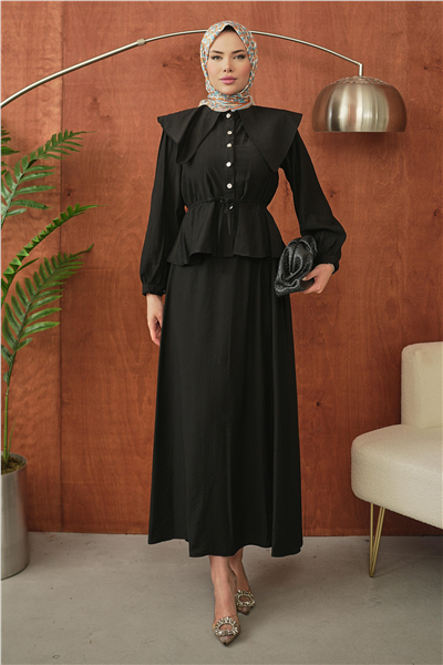 Siyah Yakalı Peplum Detaylı Tesettür Takım