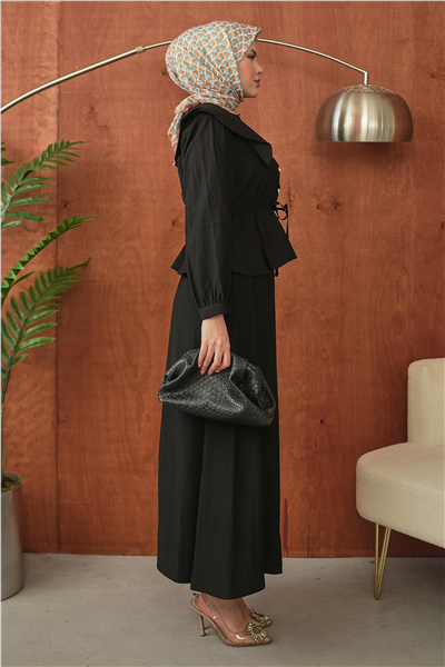 Siyah Yakalı Peplum Detaylı Tesettür Takım