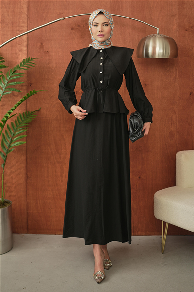 Siyah Yakalı Peplum Detaylı Tesettür Takım
