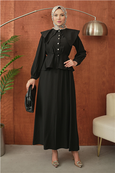 Siyah Yakalı Peplum Detaylı Tesettür Takım