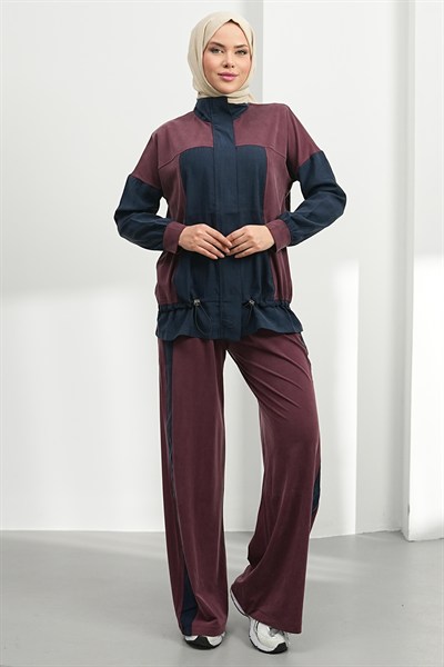 Spor Garnili Tesettür Pantolon Takım - Bordo