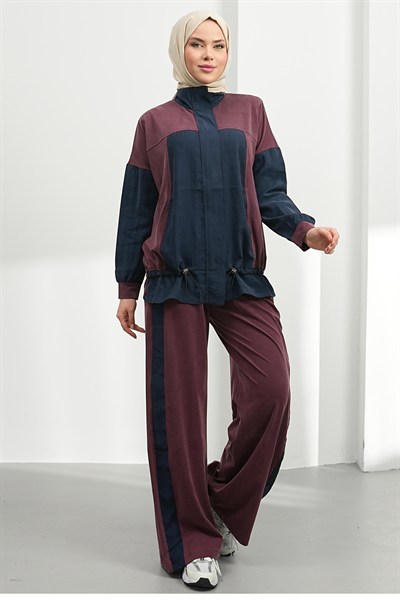 Spor Garnili Tesettür Pantolon Takım - Bordo