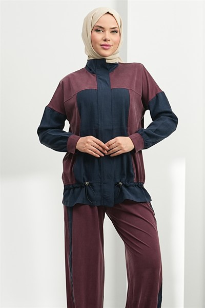 Spor Garnili Tesettür Pantolon Takım - Bordo