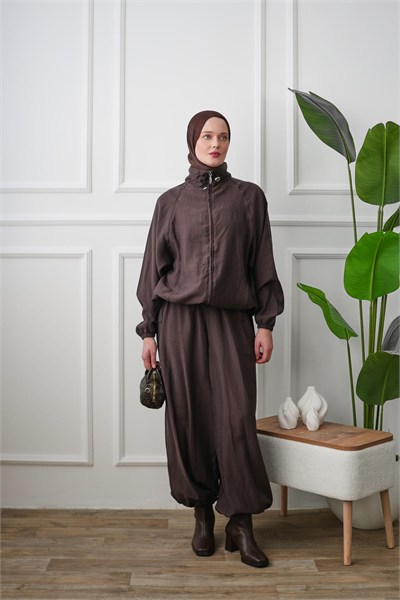 Yaka Detaylı Paça Lastikli Pantolon Takım - Acı Kahve