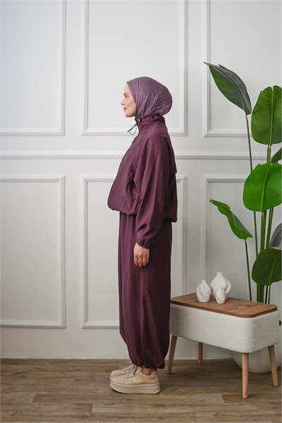 Yaka Detaylı Paça Lastikli Pantolon Takım - Mürdüm