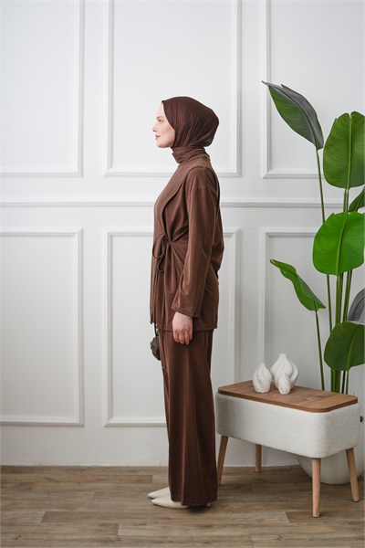 Yandan Bağlamalı Tunik Pantolon Takım - Kahverengi