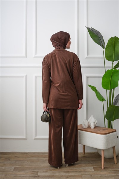 Yandan Bağlamalı Tunik Pantolon Takım - Kahverengi