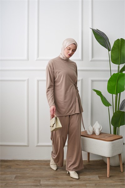 Yandan Bağlamalı Tunik Pantolon Takım - Vizon