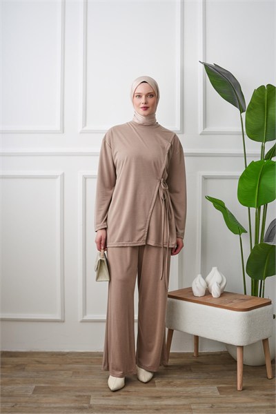 Yandan Bağlamalı Tunik Pantolon Takım - Vizon