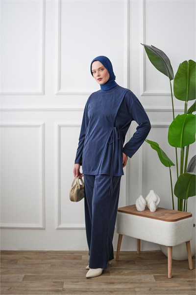 Yandan Bağlamalı Tunik Pantolon Takım - Lacivert