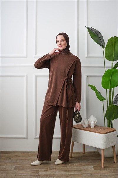Yandan Bağlamalı Tunik Pantolon Takım - Kahverengi