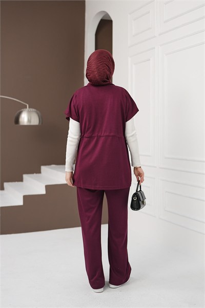 Yelekli Cepli Pantolon Takım - Bordo